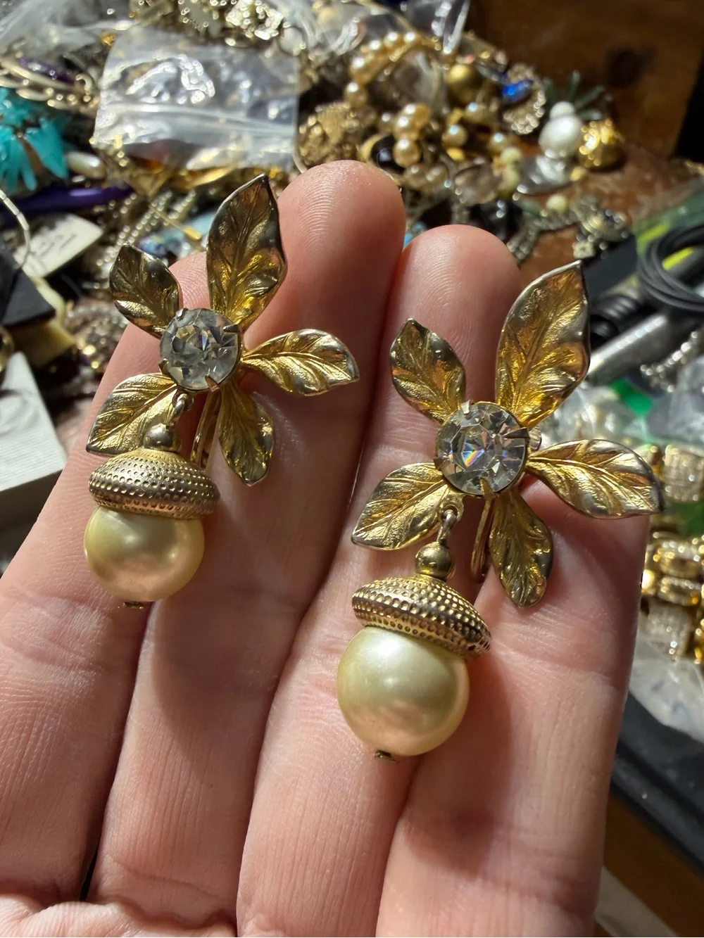 Vintage Gold Tone Crystal Floral Pearl Drop Earrings